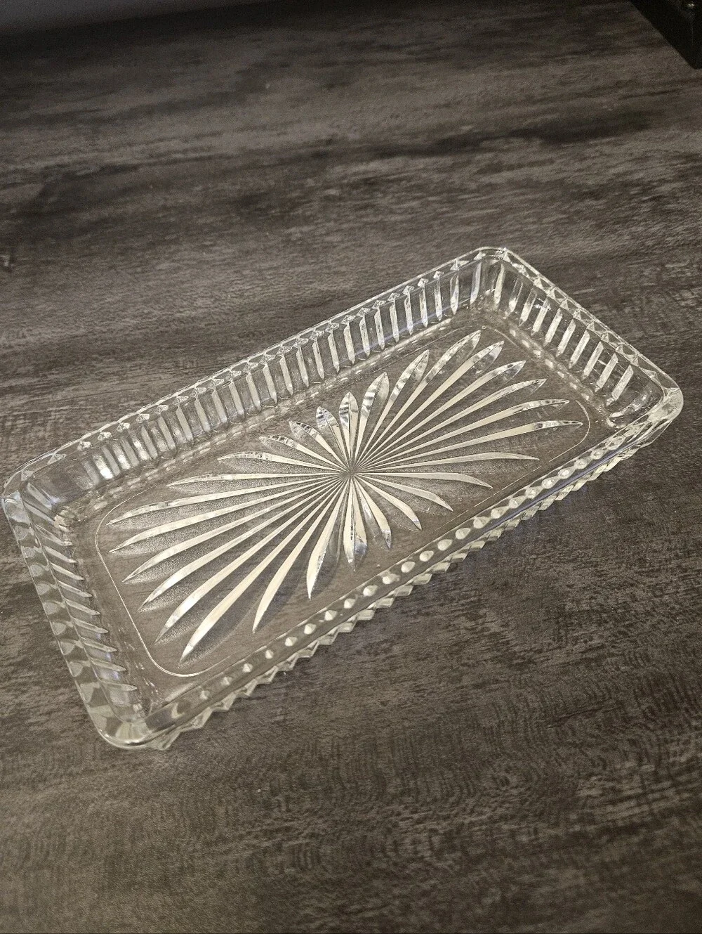 3 VTG Clear Pressed Glass Starburst Rectangular Trinket Dishes / Relish Trays